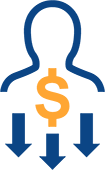 Human figure with money symbol and arrows pointing down